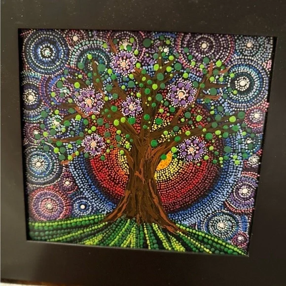 Beautiful hand painted in dot mandala style Tree. Black frame 9”x10”